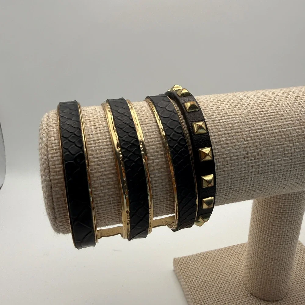 Black Gold Cuff Studded Bracelet Set Snakeskin Textured‎ Edgy Jewelry Punk Goth